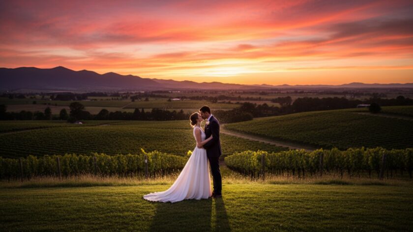 A stunning, cinematic shot capturing dreamy Yering Station wedding photography moments, featuring a newlywed couple silhouetted against a golden hour sunset over the Yarra Valley vineyards, sharing a tender embrace. The scene evokes romance and timeless beauty.
