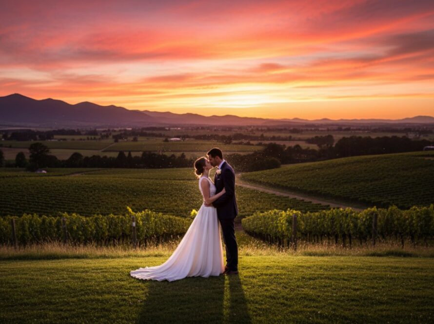 A stunning, cinematic shot capturing dreamy Yering Station wedding photography moments, featuring a newlywed couple silhouetted against a golden hour sunset over the Yarra Valley vineyards, sharing a tender embrace. The scene evokes romance and timeless beauty.