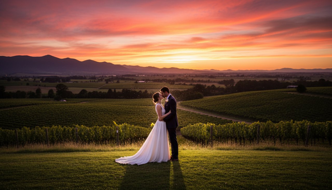 A stunning, cinematic shot capturing dreamy Yering Station wedding photography moments, featuring a newlywed couple silhouetted against a golden hour sunset over the Yarra Valley vineyards, sharing a tender embrace. The scene evokes romance and timeless beauty.
