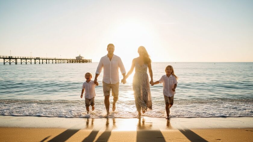 A joyful Dromana beach family photography experience featuring a family of four laughing and playing in the golden hour sunlight on Dromana beach, with the iconic pier in the background, capturing an epic moment of connection and happiness.