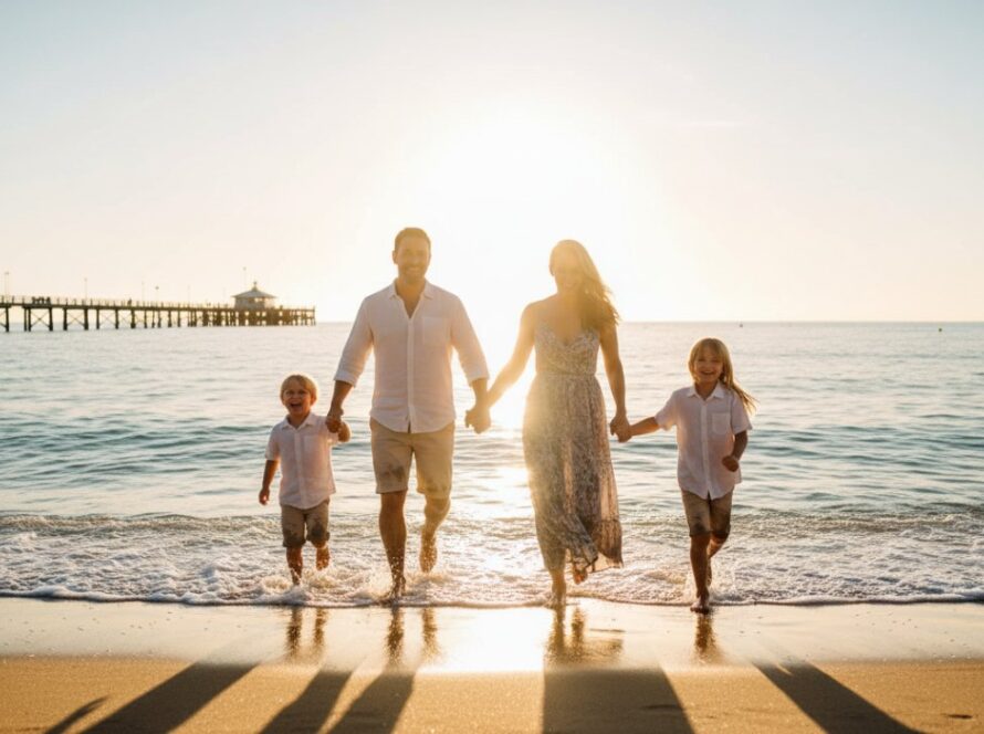 A joyful Dromana beach family photography experience featuring a family of four laughing and playing in the golden hour sunlight on Dromana beach, with the iconic pier in the background, capturing an epic moment of connection and happiness.