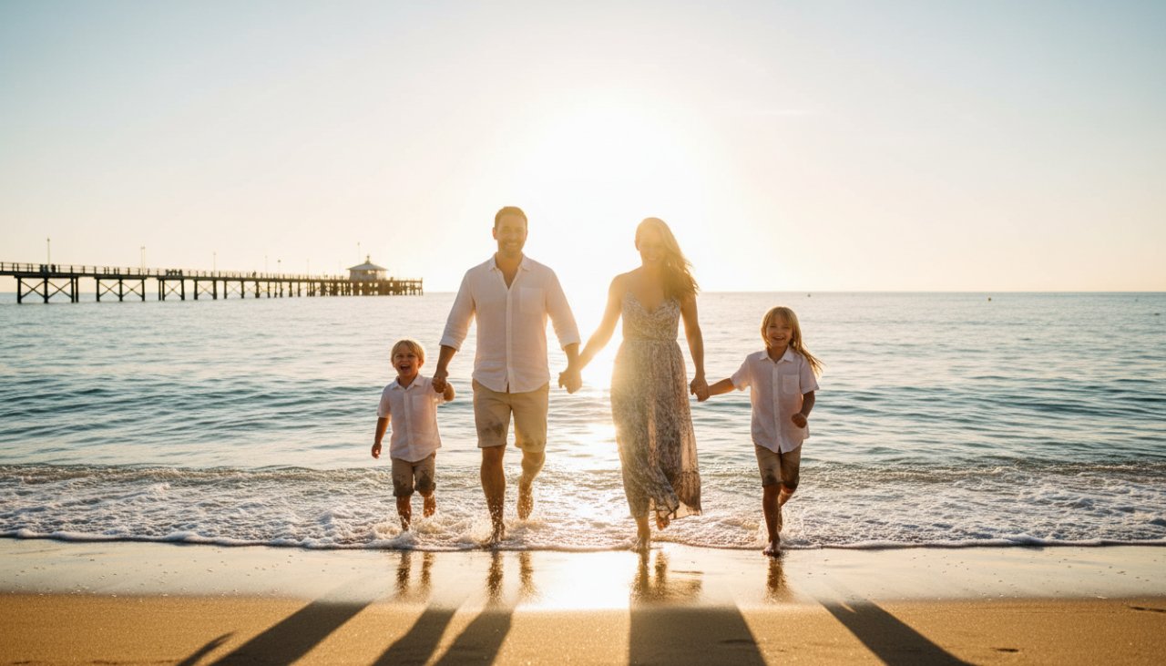 A joyful Dromana beach family photography experience featuring a family of four laughing and playing in the golden hour sunlight on Dromana beach, with the iconic pier in the background, capturing an epic moment of connection and happiness.
