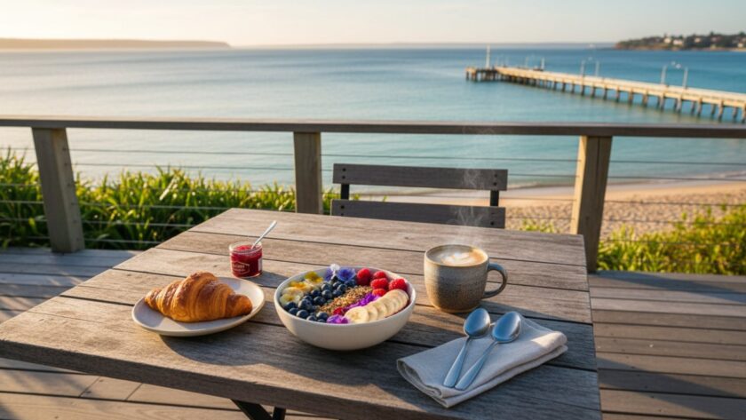 A wide-angle, cinematic shot showcasing Dromana beachfront cafe food photography, featuring a beautifully plated artisan brunch dish with glistening avocado and vibrant edible flowers on a rustic timber table, set against a softly blurred backdrop of the Dromana foreshore and sparkling Port Phillip Bay at sunrise, capturing the essence of fresh coastal dining.