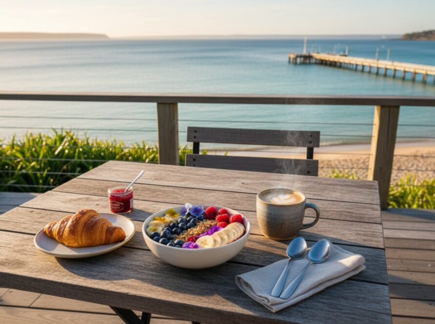 A wide-angle, cinematic shot showcasing Dromana beachfront cafe food photography, featuring a beautifully plated artisan brunch dish with glistening avocado and vibrant edible flowers on a rustic timber table, set against a softly blurred backdrop of the Dromana foreshore and sparkling Port Phillip Bay at sunrise, capturing the essence of fresh coastal dining.