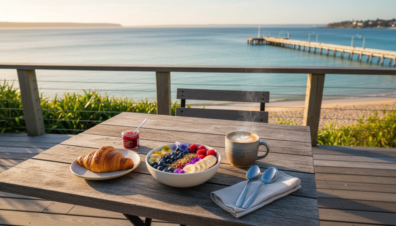 A wide-angle, cinematic shot showcasing Dromana beachfront cafe food photography, featuring a beautifully plated artisan brunch dish with glistening avocado and vibrant edible flowers on a rustic timber table, set against a softly blurred backdrop of the Dromana foreshore and sparkling Port Phillip Bay at sunrise, capturing the essence of fresh coastal dining.