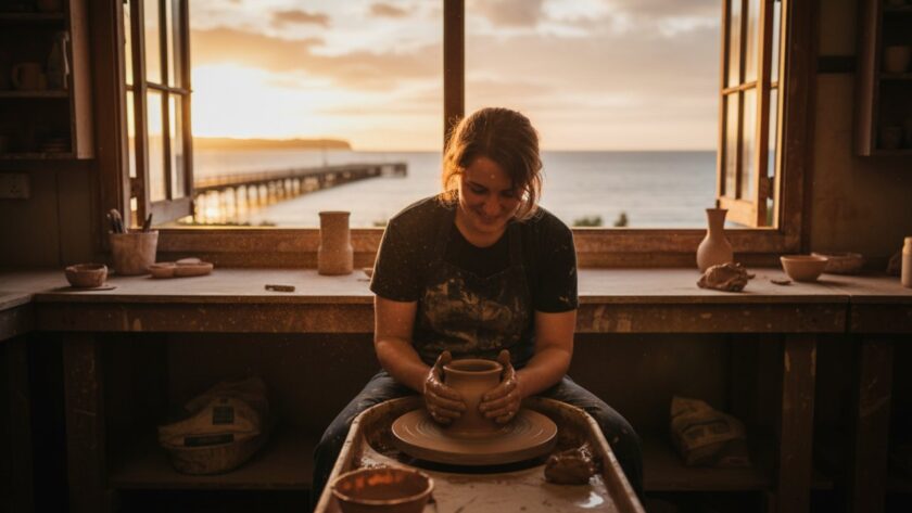 An inspiring wide shot capturing a local Dromana artisan meticulously crafting their product in a sunlit workshop, with the Mornington Peninsula coastline visible through a large window in the background, symbolising the essence of Dromana branding photography for local businesses.