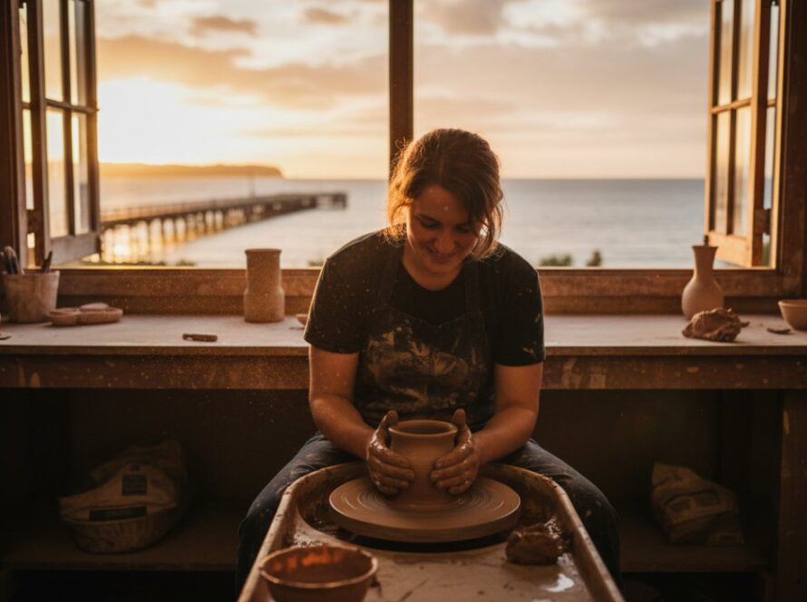An inspiring wide shot capturing a local Dromana artisan meticulously crafting their product in a sunlit workshop, with the Mornington Peninsula coastline visible through a large window in the background, symbolising the essence of Dromana branding photography for local businesses.
