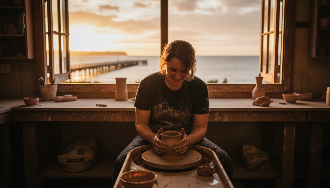 An inspiring wide shot capturing a local Dromana artisan meticulously crafting their product in a sunlit workshop, with the Mornington Peninsula coastline visible through a large window in the background, symbolising the essence of Dromana branding photography for local businesses.