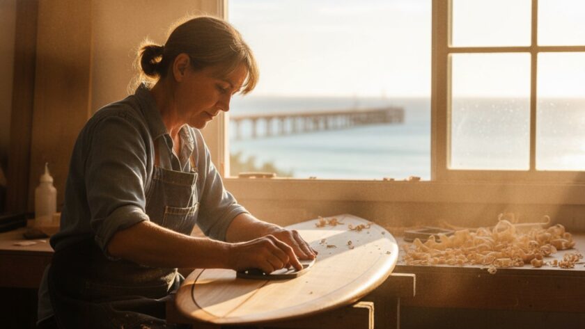 An epic moment captured through Dromana commercial photography elevates local brands, showcasing a local artisan meticulously crafting their product in a beautifully lit Dromana workshop, with coastal views faintly visible in the background, conveying passion and quality.