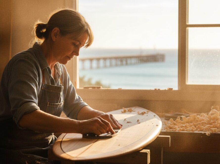 An epic moment captured through Dromana commercial photography elevates local brands, showcasing a local artisan meticulously crafting their product in a beautifully lit Dromana workshop, with coastal views faintly visible in the background, conveying passion and quality.