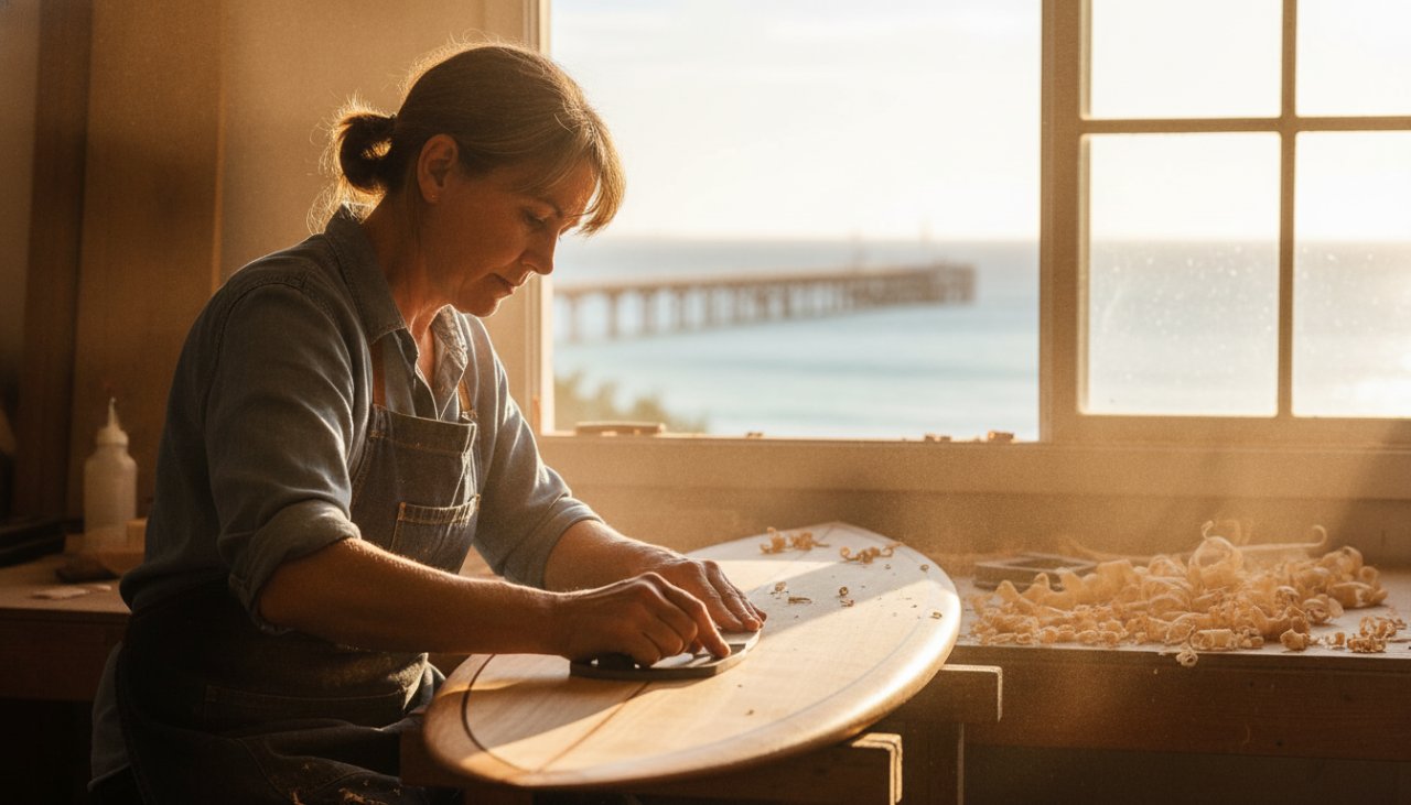 An epic moment captured through Dromana commercial photography elevates local brands, showcasing a local artisan meticulously crafting their product in a beautifully lit Dromana workshop, with coastal views faintly visible in the background, conveying passion and quality.