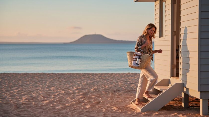 An epic moment captured through Dromana editorial photography for luxury brands, featuring a stylish model interacting with a high-end product on the Dromana foreshore at sunset, with Arthurs Seat in the background, showcasing sophisticated coastal elegance.
