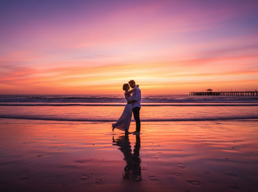 An epic moment of a couple embracing on Dromana beach at sunset, silhouetted against a vibrant orange and purple sky, showcasing Dromana engagement photography beach sunset.