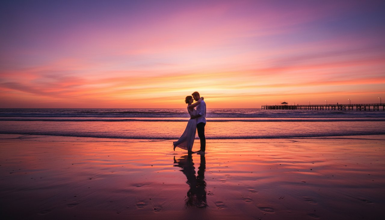 An epic moment of a couple embracing on Dromana beach at sunset, silhouetted against a vibrant orange and purple sky, showcasing Dromana engagement photography beach sunset.