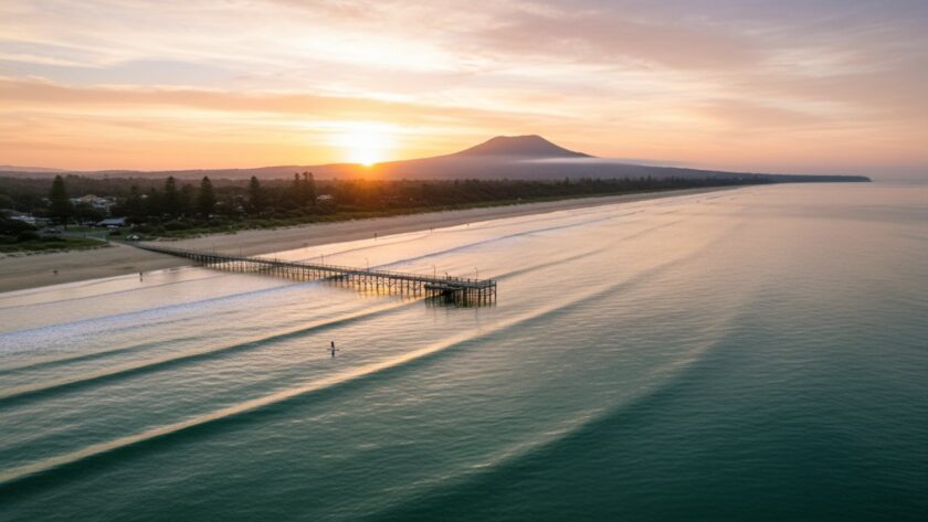 An epic moment captured by drone photography, showcasing the vibrant turquoise waters and golden sands of Dromana Foreshore at sunrise, with the iconic Dromana Pier stretching into the serene Port Phillip Bay, perfectly embodying Dromana Foreshore Drone Photography Capturing Coastal Beauty.
