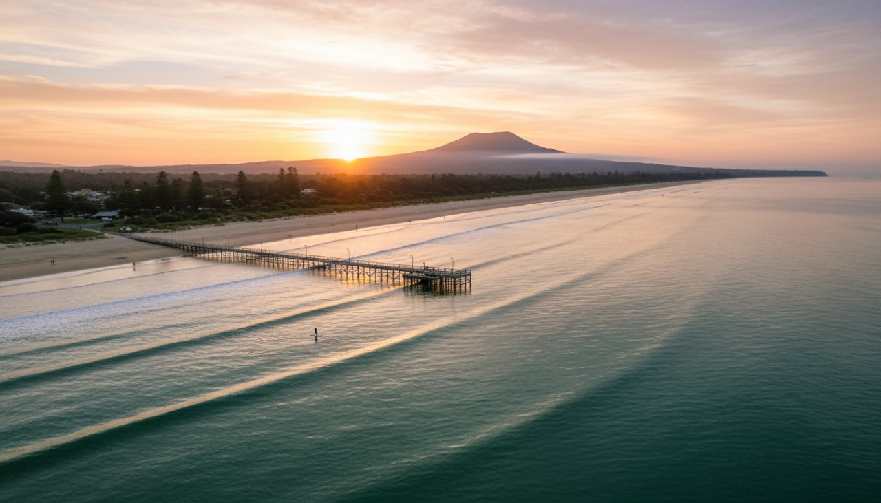 An epic moment captured by drone photography, showcasing the vibrant turquoise waters and golden sands of Dromana Foreshore at sunrise, with the iconic Dromana Pier stretching into the serene Port Phillip Bay, perfectly embodying Dromana Foreshore Drone Photography Capturing Coastal Beauty.