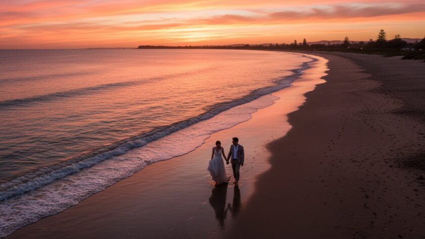 An aerial view capturing the Dromana Foreshore pre-wedding photography joy of a couple silhouetted against a golden sunset, walking hand-in-hand along the wet sand with gentle waves reflecting the sky, creating an epic moment of romance and tranquility.