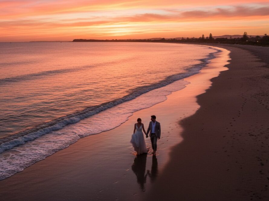 An aerial view capturing the Dromana Foreshore pre-wedding photography joy of a couple silhouetted against a golden sunset, walking hand-in-hand along the wet sand with gentle waves reflecting the sky, creating an epic moment of romance and tranquility.
