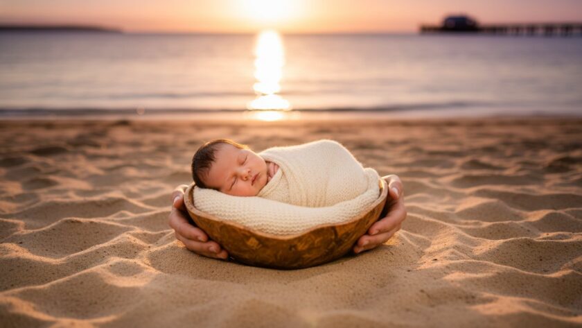 An intimate wide shot of a baby swaddled in soft white fabric, gently held by parents' hands against the blurred golden hour backdrop of Dromana Beach, capturing the serenity of Dromana newborn photography beach sessions.