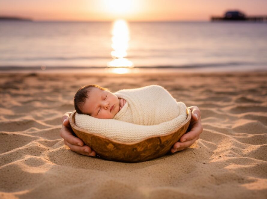 An intimate wide shot of a baby swaddled in soft white fabric, gently held by parents' hands against the blurred golden hour backdrop of Dromana Beach, capturing the serenity of Dromana newborn photography beach sessions.