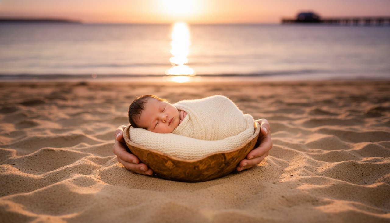 An intimate wide shot of a baby swaddled in soft white fabric, gently held by parents' hands against the blurred golden hour backdrop of Dromana Beach, capturing the serenity of Dromana newborn photography beach sessions.