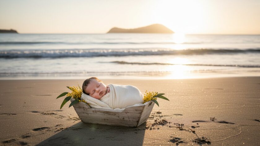 A serene and breathtaking overhead shot of a newborn baby swaddled in soft cream fabric, gently nestled in a handcrafted wooden bowl amidst a dreamlike, hazy sunrise on Dromana Beach, embodying Dromana newborn photography capturing coastal serenity.