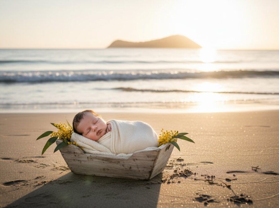 A serene and breathtaking overhead shot of a newborn baby swaddled in soft cream fabric, gently nestled in a handcrafted wooden bowl amidst a dreamlike, hazy sunrise on Dromana Beach, embodying Dromana newborn photography capturing coastal serenity.