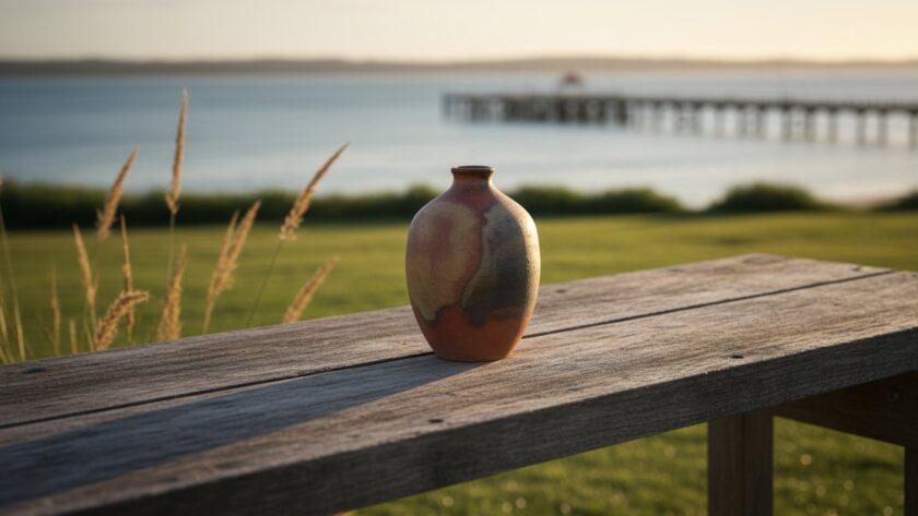 A beautifully styled, cinematic photograph featuring Dromana product photography that showcases Mornington Peninsula artisan crafts, with a handcrafted ceramic bowl sitting on a rustic wooden table by the Dromana foreshore at golden hour, soft sun reflecting off the bay, capturing the product's texture and local charm.