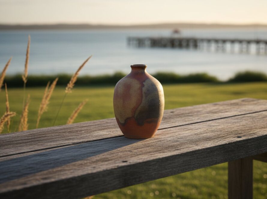 A beautifully styled, cinematic photograph featuring Dromana product photography that showcases Mornington Peninsula artisan crafts, with a handcrafted ceramic bowl sitting on a rustic wooden table by the Dromana foreshore at golden hour, soft sun reflecting off the bay, capturing the product's texture and local charm.