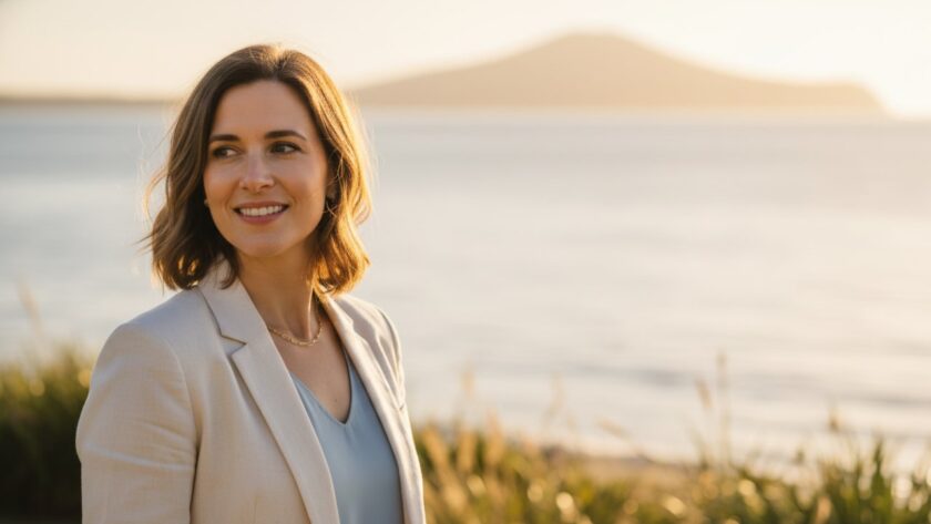 An inspiring 'epic moment' style professional headshot of a confident coastal entrepreneur taken at sunrise on Dromana Beach, featuring Dromana professional headshots for coastal entrepreneurs, with the beautiful Mornington Peninsula bay as a soft, blurred backdrop, showing genuine warmth and authority.