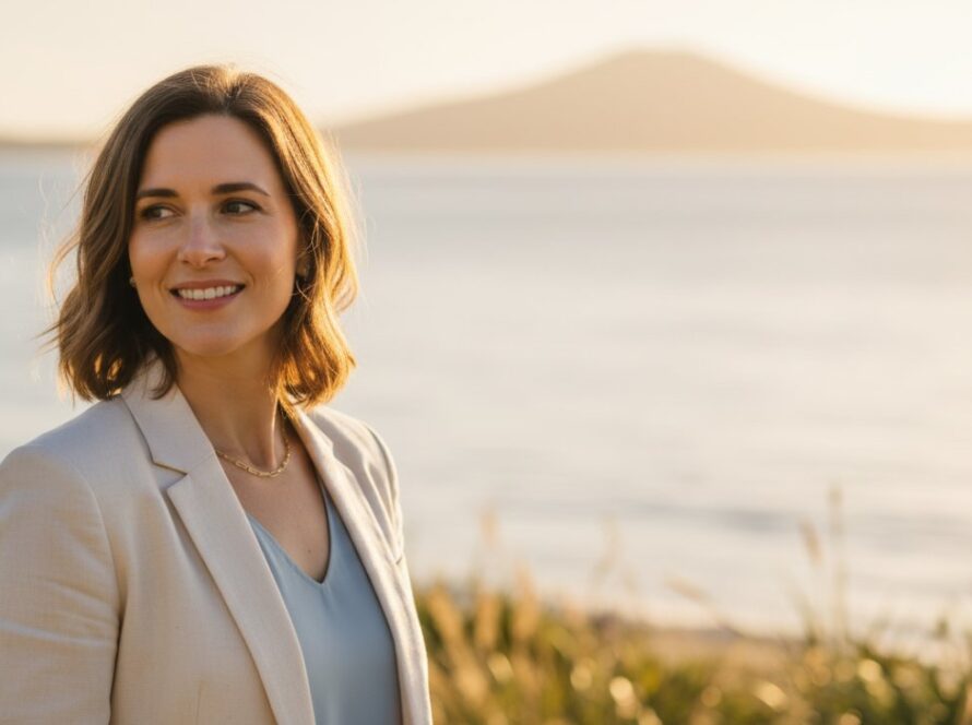 An inspiring 'epic moment' style professional headshot of a confident coastal entrepreneur taken at sunrise on Dromana Beach, featuring Dromana professional headshots for coastal entrepreneurs, with the beautiful Mornington Peninsula bay as a soft, blurred backdrop, showing genuine warmth and authority.