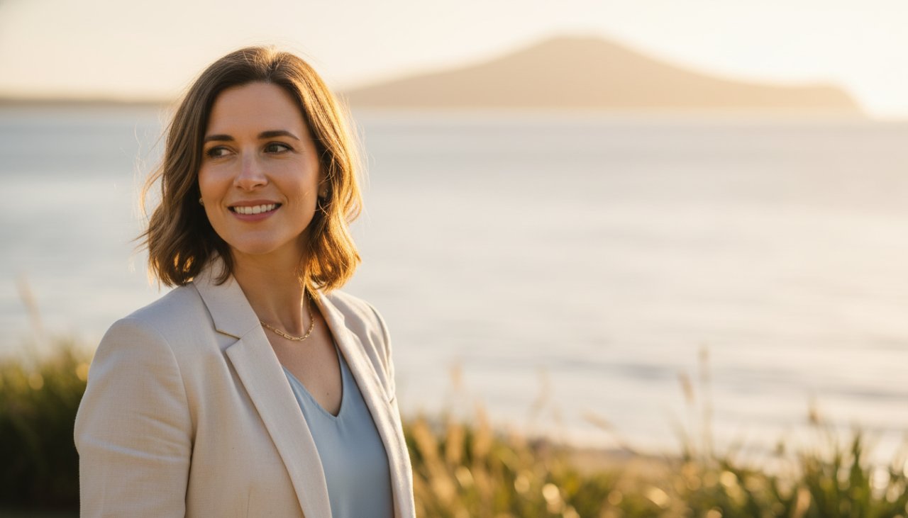 An inspiring 'epic moment' style professional headshot of a confident coastal entrepreneur taken at sunrise on Dromana Beach, featuring Dromana professional headshots for coastal entrepreneurs, with the beautiful Mornington Peninsula bay as a soft, blurred backdrop, showing genuine warmth and authority.