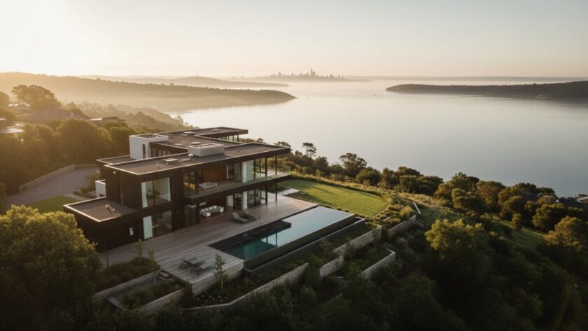 An exquisite drone shot capturing a modern luxury home in Dromana at sunrise, showcasing Dromana real estate photography elevating property listings with its stunning coastal views and immaculate landscaping, golden hour glow.