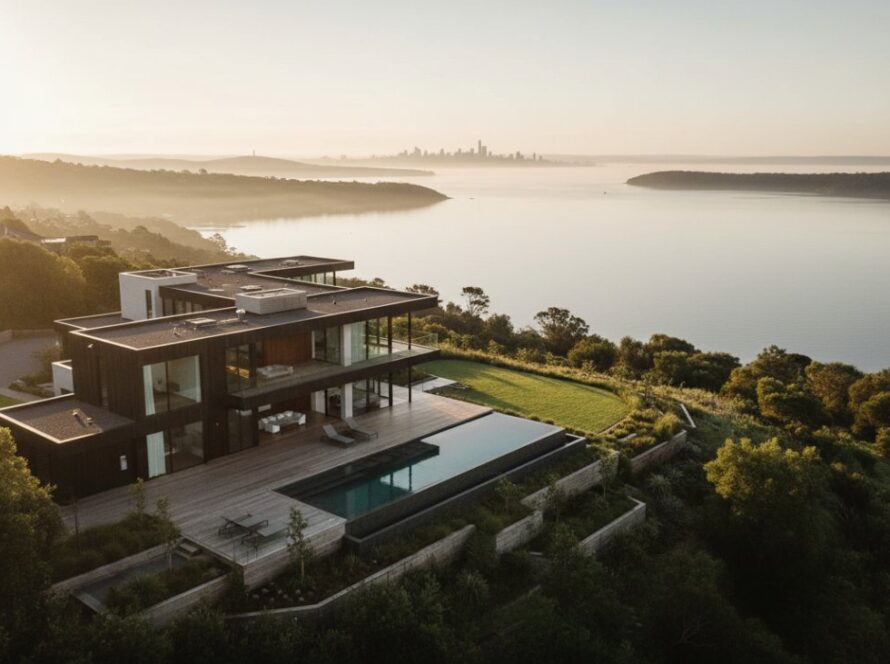 An exquisite drone shot capturing a modern luxury home in Dromana at sunrise, showcasing Dromana real estate photography elevating property listings with its stunning coastal views and immaculate landscaping, golden hour glow.