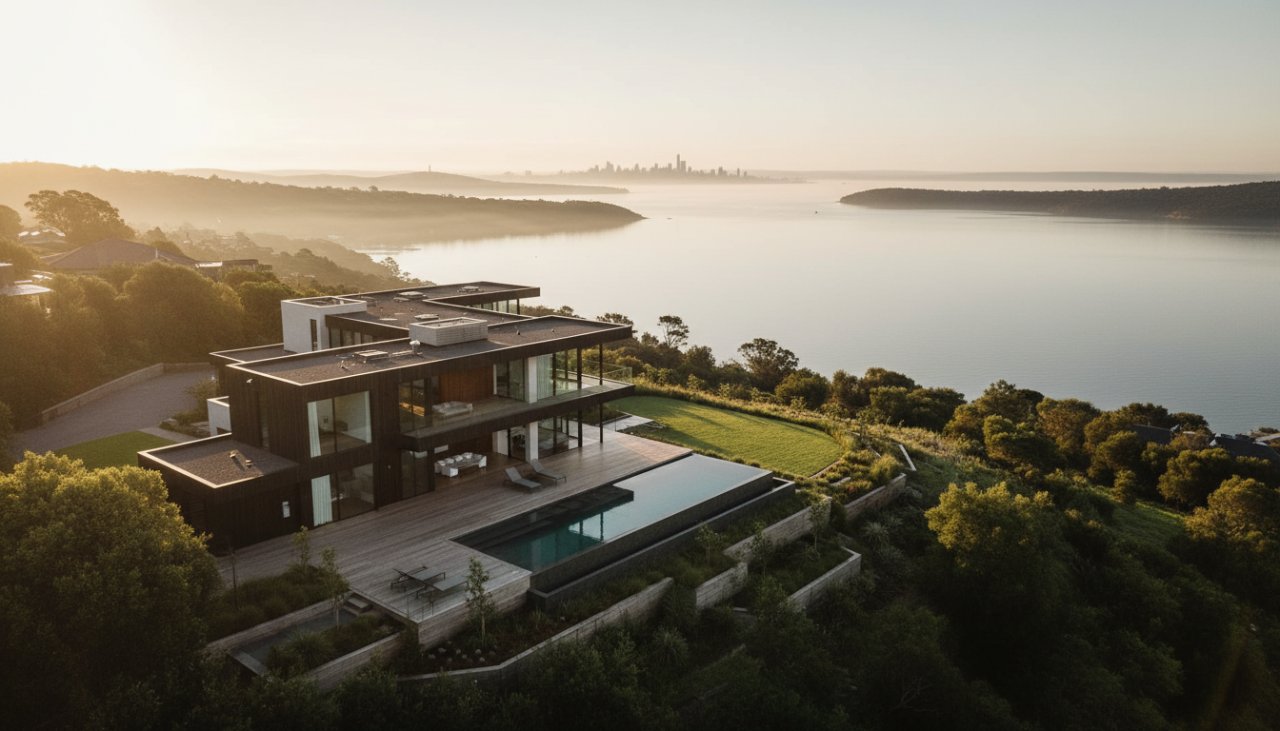 An exquisite drone shot capturing a modern luxury home in Dromana at sunrise, showcasing Dromana real estate photography elevating property listings with its stunning coastal views and immaculate landscaping, golden hour glow.