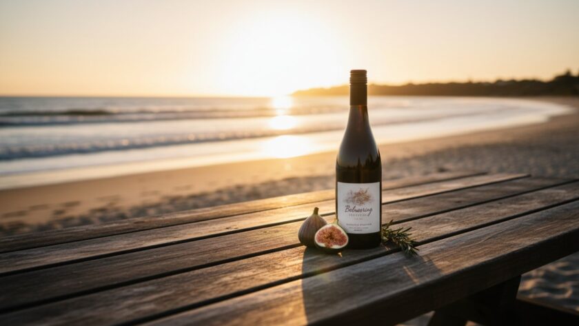 Dramatic wide shot of a local artisanal product, perhaps a bottle of Balnarring vineyard wine, beautifully lit on a rustic timber table against a soft-focus Balnarring beach sunset backdrop, encapsulating dynamic Balnarring product photography for local brands with a professional and inviting aesthetic.