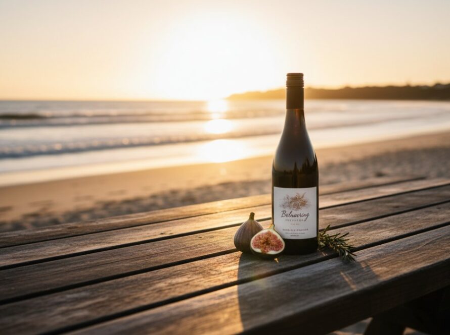 Dramatic wide shot of a local artisanal product, perhaps a bottle of Balnarring vineyard wine, beautifully lit on a rustic timber table against a soft-focus Balnarring beach sunset backdrop, encapsulating dynamic Balnarring product photography for local brands with a professional and inviting aesthetic.