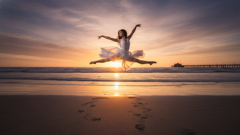 An epic moment of a dancer mid-leap, silhouetted against a dramatic sunset over Rye Beach, showcasing the power and grace of dynamic coastal dance photography Rye Victoria, with the vibrant colours of the ocean and sky in the background.