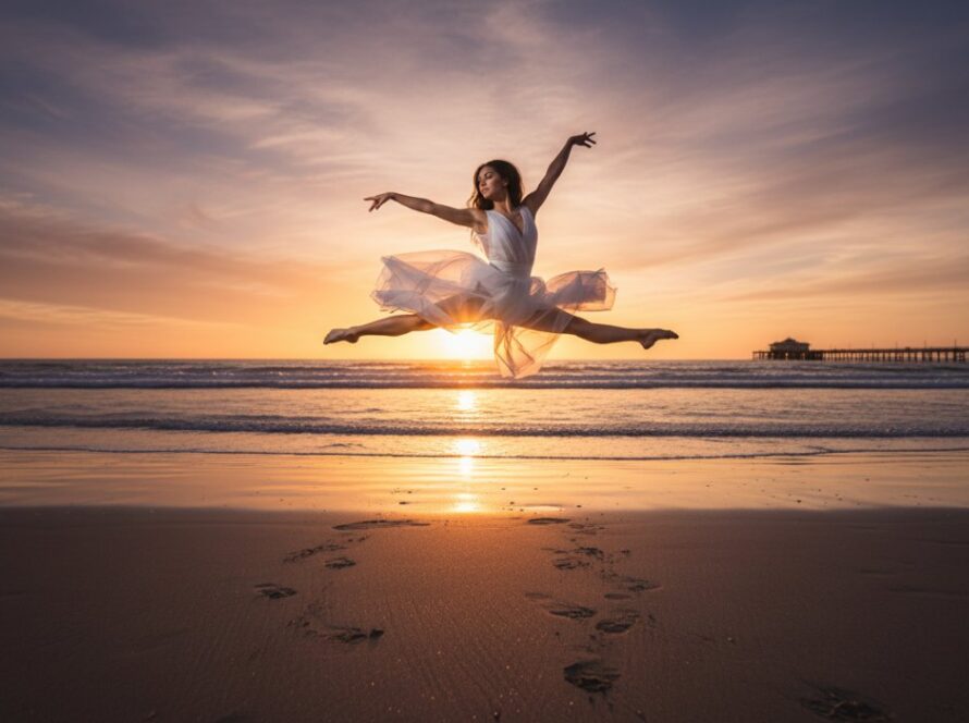 An epic moment of a dancer mid-leap, silhouetted against a dramatic sunset over Rye Beach, showcasing the power and grace of dynamic coastal dance photography Rye Victoria, with the vibrant colours of the ocean and sky in the background.