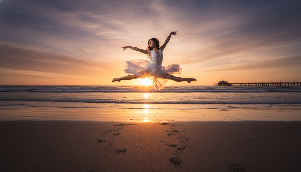 An epic moment of a dancer mid-leap, silhouetted against a dramatic sunset over Rye Beach, showcasing the power and grace of dynamic coastal dance photography Rye Victoria, with the vibrant colours of the ocean and sky in the background.