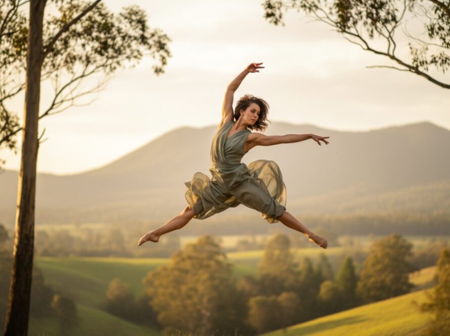 A stunning photograph capturing a dancer in mid-air, performing an acrobatic leap against the backdrop of the lush Dandenong Ranges near Badger Creek, bathed in golden hour light, illustrating dynamic dance photography Badger Creek Victoria.