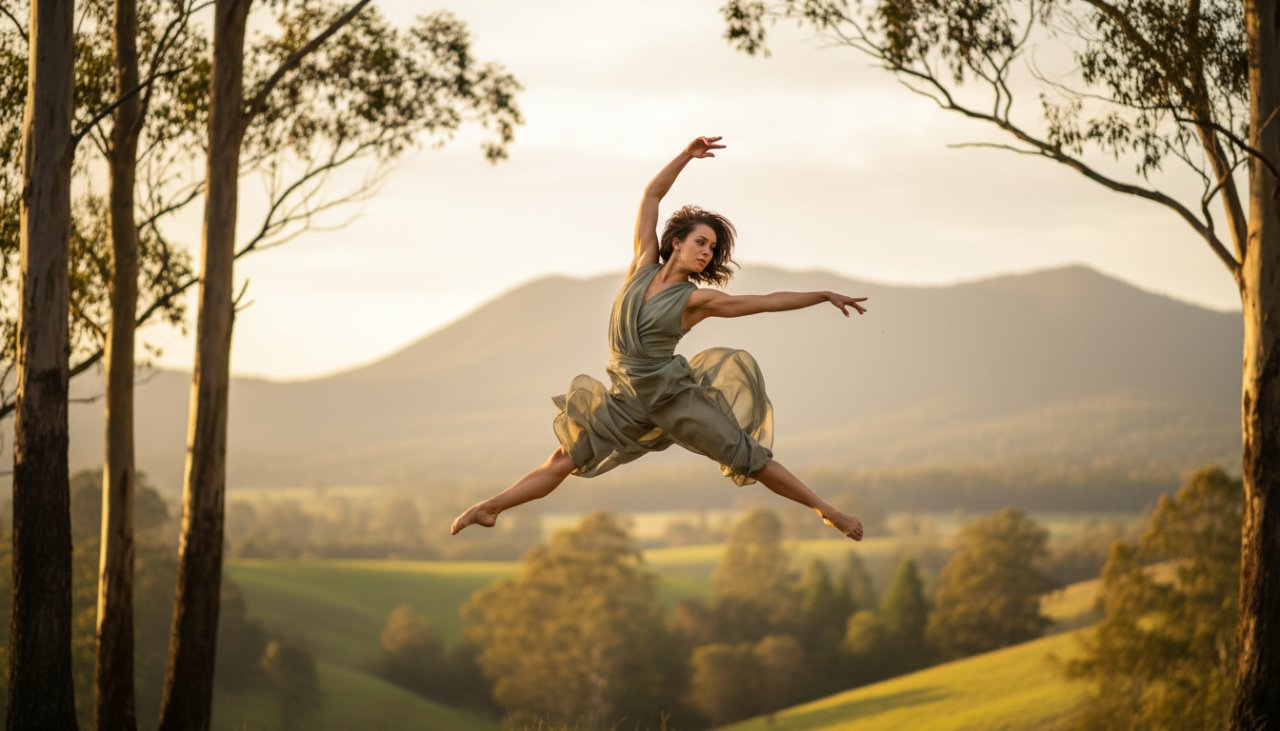 A stunning photograph capturing a dancer in mid-air, performing an acrobatic leap against the backdrop of the lush Dandenong Ranges near Badger Creek, bathed in golden hour light, illustrating dynamic dance photography Badger Creek Victoria.