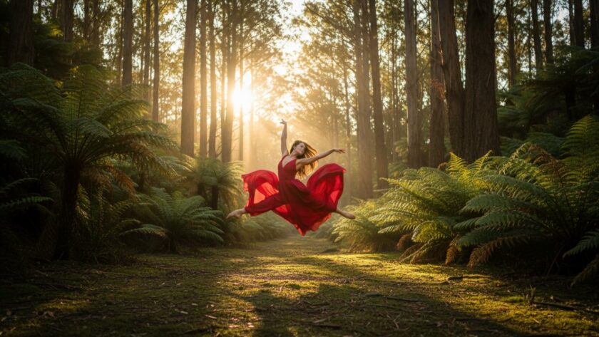 A powerful female dancer in an elegant, flowing costume performs an acrobatic leap mid-air against the lush, serene backdrop of fern gullies and towering eucalyptus trees in Clematis, Victoria, perfectly embodying dynamic dance photography Clematis Victoria serene settings.