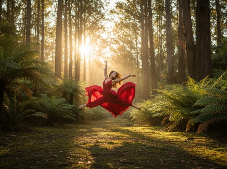 A powerful female dancer in an elegant, flowing costume performs an acrobatic leap mid-air against the lush, serene backdrop of fern gullies and towering eucalyptus trees in Clematis, Victoria, perfectly embodying dynamic dance photography Clematis Victoria serene settings.