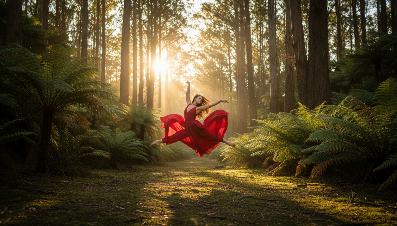 A powerful female dancer in an elegant, flowing costume performs an acrobatic leap mid-air against the lush, serene backdrop of fern gullies and towering eucalyptus trees in Clematis, Victoria, perfectly embodying dynamic dance photography Clematis Victoria serene settings.