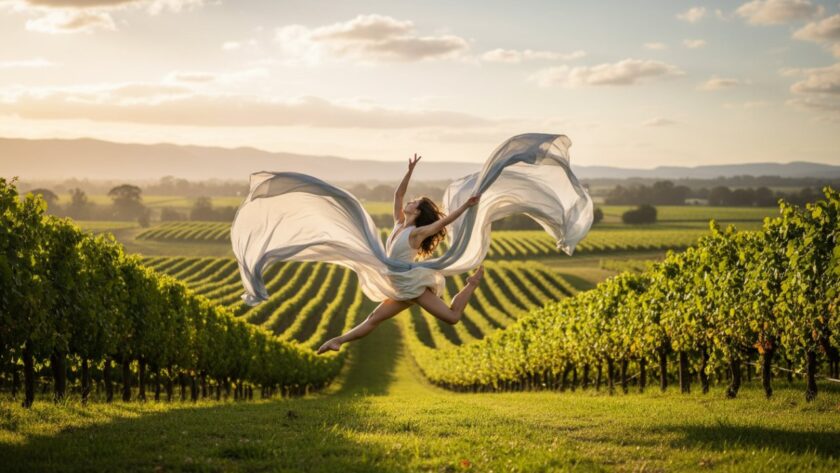 An epic moment of a dancer performing a powerful leap amidst the golden hour glow of a Dixons Creek vineyard, showcasing dynamic dance photography Dixons Creek vineyards.