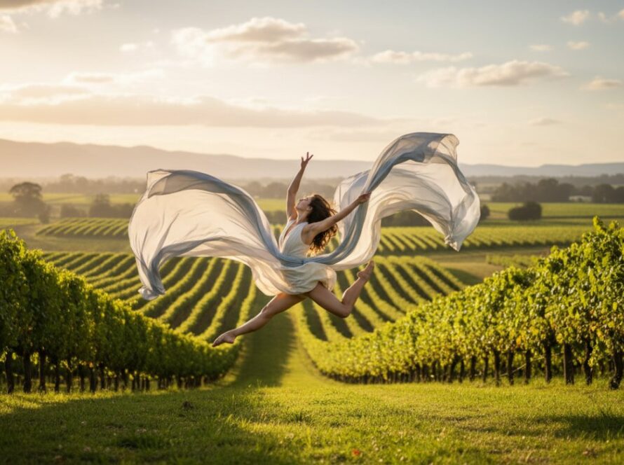 An epic moment of a dancer performing a powerful leap amidst the golden hour glow of a Dixons Creek vineyard, showcasing dynamic dance photography Dixons Creek vineyards.