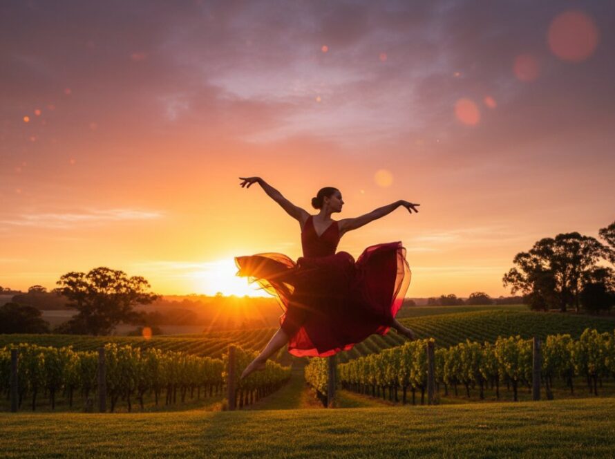 A powerful and dynamic dance photography Seville Victoria shot of a dancer leaping gracefully mid-air against a soft, golden sunset backdrop over the Yarra Valley vineyards, capturing an epic moment of athletic artistry.