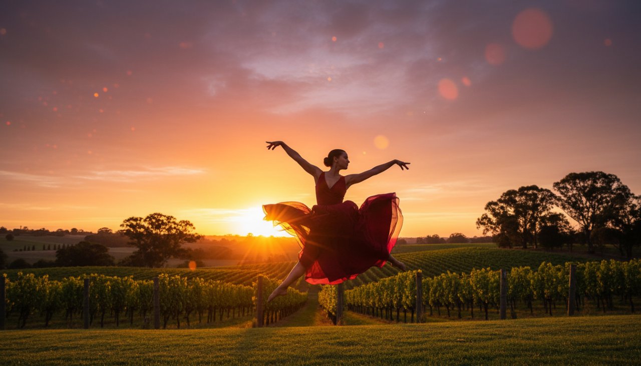 A powerful and dynamic dance photography Seville Victoria shot of a dancer leaping gracefully mid-air against a soft, golden sunset backdrop over the Yarra Valley vineyards, capturing an epic moment of athletic artistry.