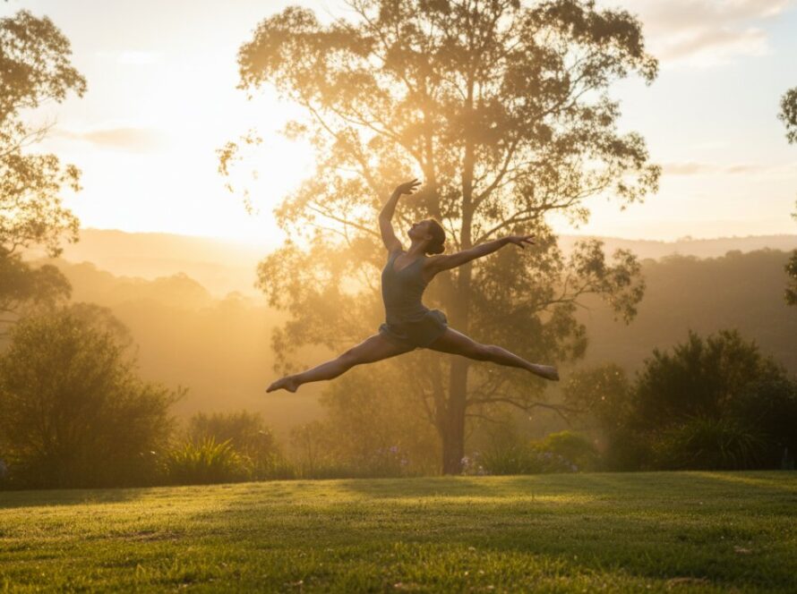 A male dancer in peak extension, mid-air, bathed in golden hour light, performing an incredible leap against the misty, eucalypt-lined backdrop of Tremont, Victoria, epitomizing dynamic dance photography Tremont Victoria's breathtaking artistry.